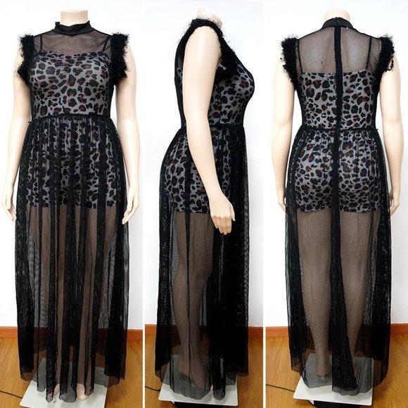 Sexy See-Through Mesh Dress Spaghetti Strap Leaf Print Romper Set - Picture 4 of 15